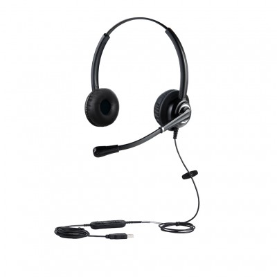 noise cancelling call center headset with USB plug, volume control and mute switch included for call center or office use